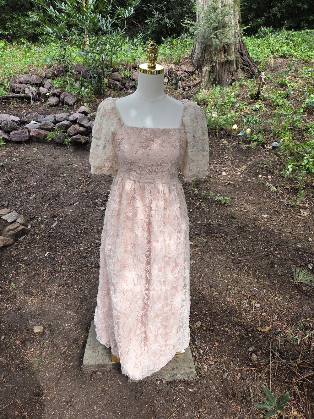 In February Bridgerton Cottage Elegant Blush Lace Maxi Dress with Puff Sleeves